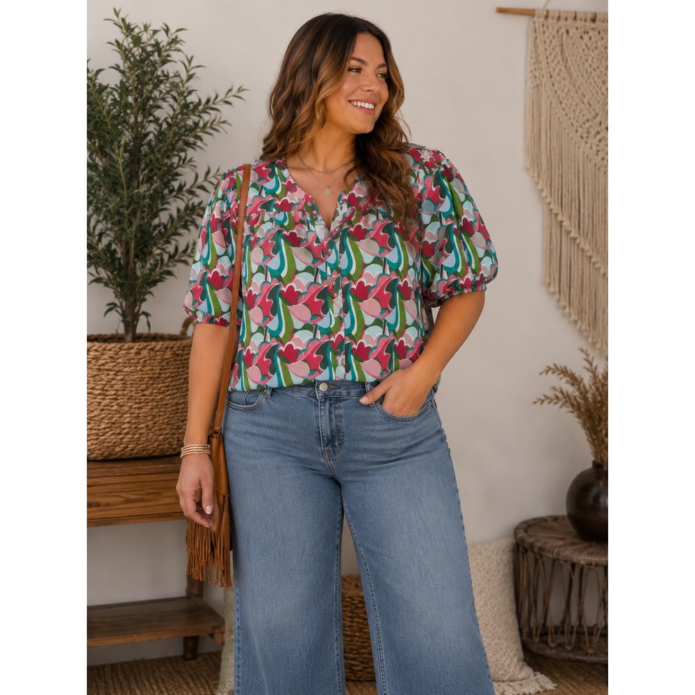 Michelle McDowell Pink Green Abstract Floral Button Front Puff Sleeve Blouse L